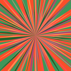 Pop art radial colorful comics book magazine cover. Striped red and green digital background. Cartoon funny retro pattern strip mock up. Vector halftone illustration. Sunburst, starburst shape