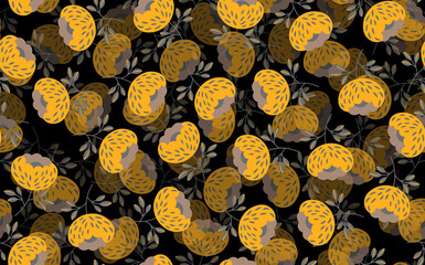 Seamless floral pattern based on traditional folk art ornaments. Colorful flowers on black background. Scandinavian style. Sweden nordic style. Vector illustration. Simple minimalistic pattern