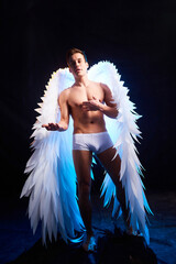 Handsome young athletic man with a bare torso who looks like an angel with white wings. Model...