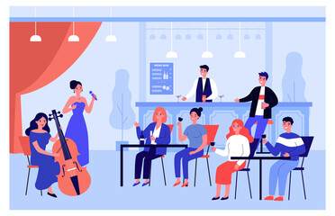 Customers enjoying wine and live music at bar. Female singer performing song, musician playing cello flat vector illustration. Entertainment, music concept for banner, website design or landing page
