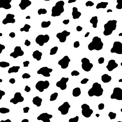 Abstract modern cow fur seamless pattern. Animals trendy background. Black and white decorative vector illustration for print, card, postcard, fabric, textile. Modern ornament of stylized skin