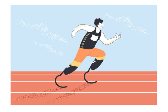 Paralympic athlete running flat vector illustration. Sportsman jogging with prosthetic legs participating in competition. Healthy lifestyle, prosthetics, disability, sport concept for banner design