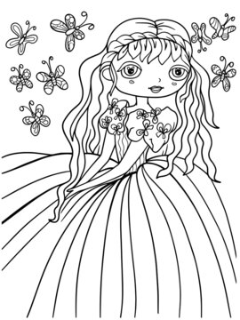 princess illustration book coloring outline picture hand drawing sketch doodle butterfly ball gown on a white background girl page for kids