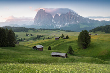 Superb morning scene of Compaccio village, Seiser Alm or Alpe di Siusi location, Bolzano province,...