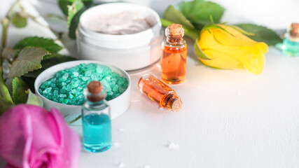 cosmetics made from natural ingredients close up with place for text