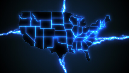 USA power grid - animation of blue lightning styled electrical arcs powering the United States of America, illustrating electrical energy generation, renewable sources of power and energy crisis