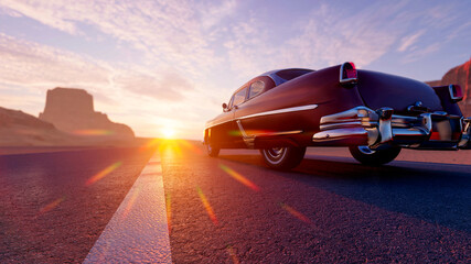 the image of the car in the sunset 3D illustration