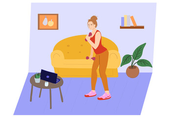 Woman doing laptop exercise at home, healthy lifestyle concept.Sport online at home.