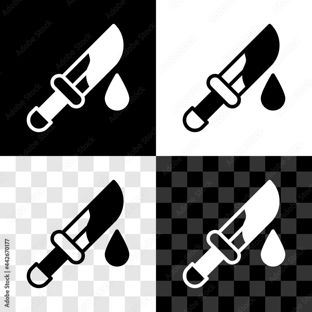 Poster set bloody knife icon isolated on black and white, transparent background. vector