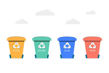 Many garbage cans with sorted garbage. Sorting garbage. Ecology and recycle concept. Trash cans isolated on white background. vector flat illustrations.