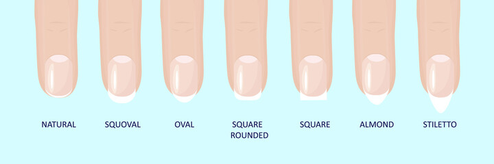 Manicure most popular fashion nail shapes flat style vector illustration set isolated light blue background. Natural, squoval, oval, square rounded, square, almond, stiletto different shapes guidance.
