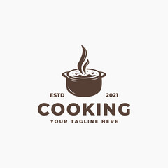 cook logo for cooking school class, simple cooking logo with pan silhouette vector element, kitchenware vintage retro symbol icon label emblem, can also for restaurant, cafe, bistro, food stalls, etc