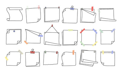Doodle hand drawn memo notes and reminders vector illustration set. Simple drawing doodle style sketches of square paper sheets with curved corners cute diary design with clip, pins and duct tape. © Konstantin