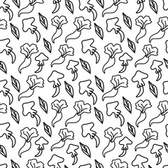 Seamless vector pattern for Halloween with black line.Holiday print with mushrooms and leaves in doodle hand drawn style.Designs for textiles,packaging,web,coloring books,wallpaper.