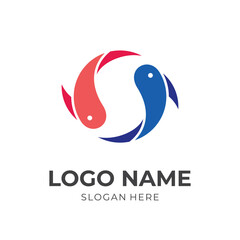 fish logo design with flat red and blue style