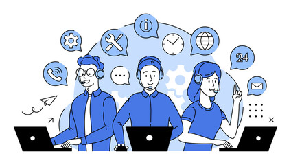 Сall center, call processing system. Customer service, hotline operators advise clients with headsets on laptops,  24 Hours, 7 Days A Week, Global online technical support. Vector flat illustration 