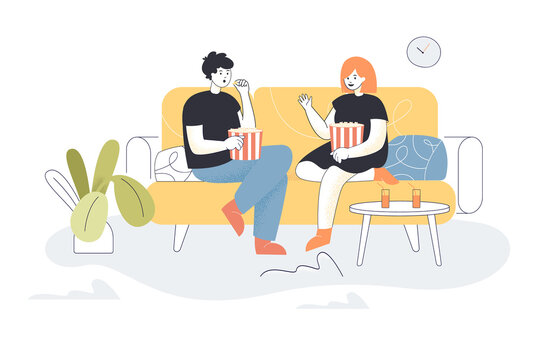 Young family couple watching TV together. Flat vector illustration. Man and woman sitting on couch together, eating popcorn, watching movie in evening time. Comfort, family, house, love concept