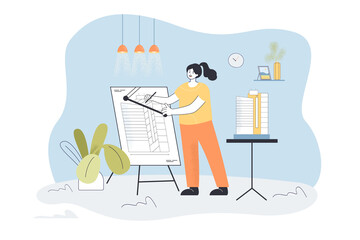 Woman architect designing building at home. Flat vector illustration. Designer or engineer working at home, constructing graphic blueprint from building model. Project, architecture, freelance concept