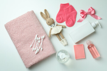 Different baby hygiene accessories on white background