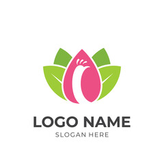 beauty peacock logo design with flat pink and green color style