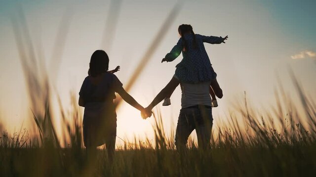 Happy family. Silhouette of people in park. Happy family walk in field at sunset. Silhouette of group of people in park at sunset. Children and parents walk across the field. Happy family concept