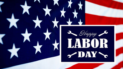 Happy Labor Day background banner  greting card template - Waving American flag and lettering with working symbols