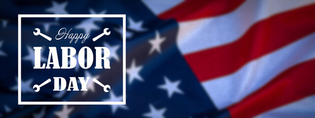 Happy Labor Day background banner  greting card template - Waving American flag and lettering with working symbols