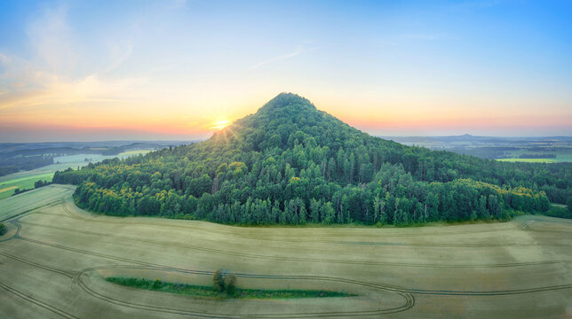 Aerial view of Ostrzyca Proboszczowska - extinct volcano, or rather a volcanic chimney located in Lower Silesia, Poland
