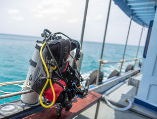 Scuba Diving Equipment on a boat, Koh Tao Thailand