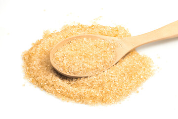 Brown sugar and wooden chops isolated on a white background
