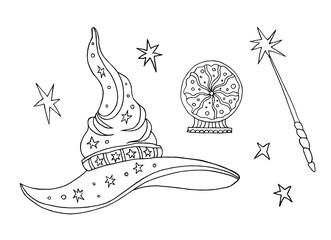 Black and white illustration with wizard hat, crystal ball and magic wand. Halloween set.