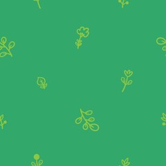 Seamless pattern with different plants and  flowers on green background. Vector print with herbs. Botanical doodle wallpaper.