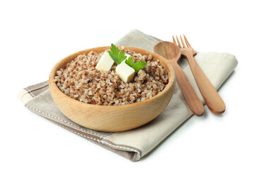Tasty cooked buckwheat isolated on white background