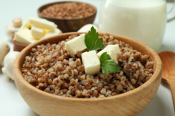 Concept of tasty eating with buckwheat, close up
