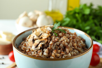 Concept of tasty eating with buckwheat, close up