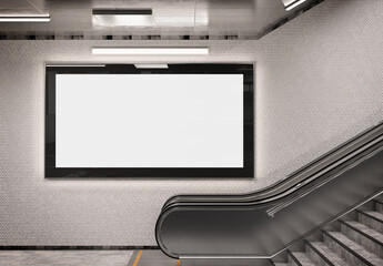 Panoramic 2:1 glowing billboard on underground wall Mockup. Hoarding advertising on train station wall 3D rendering