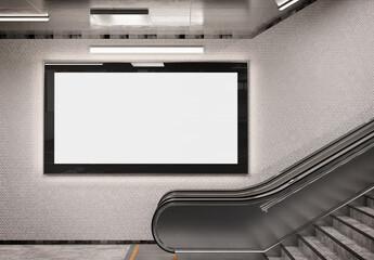Panoramic 2:1 glowing billboard on underground wall Mockup. Hoarding advertising on train station wall 3D rendering © sdecoret