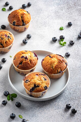 Homemade vegan blueberry muffins on white background.