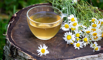 Healthy chamomile tea on a wooden background. Nature.