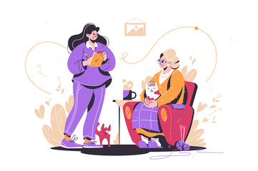 Young woman helping old female