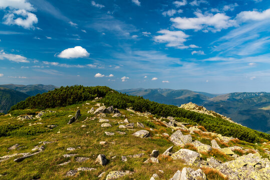 View from Varful Zlata hill summit in Retezat mountains in Romania