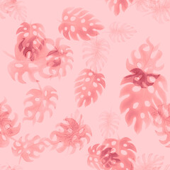 Coral Monstera Texture. Pink Seamless Background. Fuchsia Tropical Palm. Pattern Leaves. Watercolor Set. Floral Foliage. Summer Monstera. Isolated Foliage.