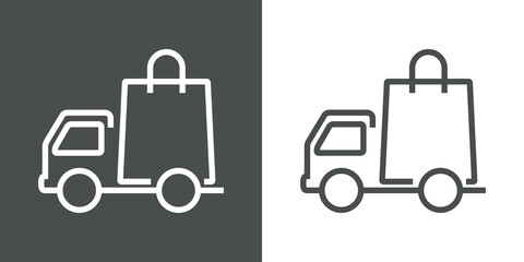 Icono con camión de transporte con bolsa de la compra con lineas en fondo gris y fondo blanco