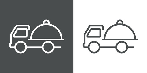 Icono con bandeja de comida con tapadera en camión con lineas en fondo gris y fondo blanco