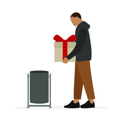 Male character throws a gift box with a bow into the trash can