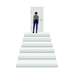 Female character standing on the top of a staircase in front of a closed door on a white background