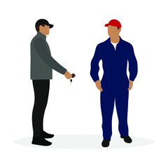 Fototapeta premium Male character giving car key to male character in work overalls on white background