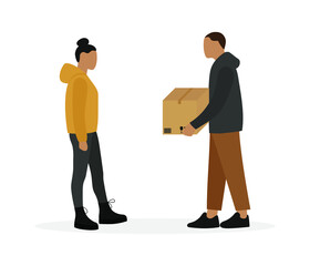 Male character with cardboard box in hands and female character together on white background