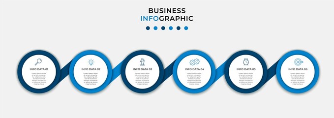 Minimal Business Infographics template. Timeline with 6 steps, options and marketing icons .Vector linear infographic with two circle conected elements. Can be use for presentation. Eps10 vector