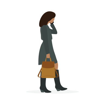 Female character with a backpack in hand goes and speaks on the phone on a white background